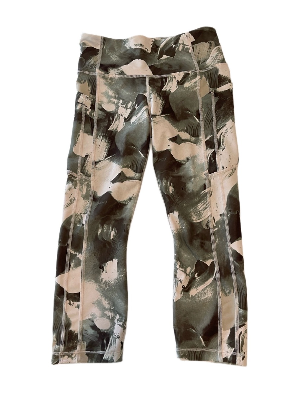 Athleta Ultimate Stash II Capri Pants Leggings Abstract Green Beige Yoga Gym S